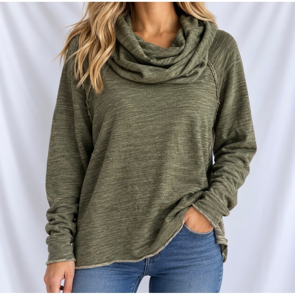 FP Beach Cowl Neck Top XL Green Good Boho Long Sleeve Slub Knit Pullover